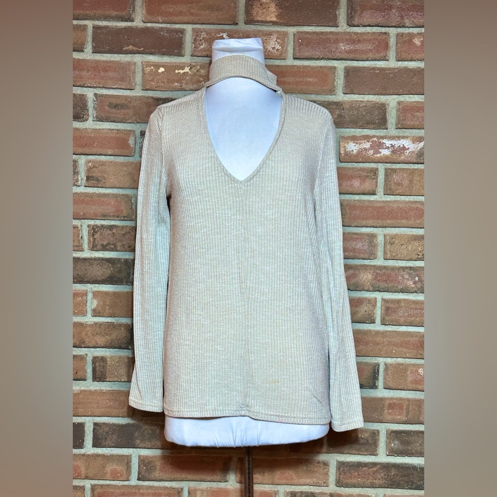Mint Vanilla Beige Ribbed Knit Cutout Turtleneck Sweater Women’s Size Small